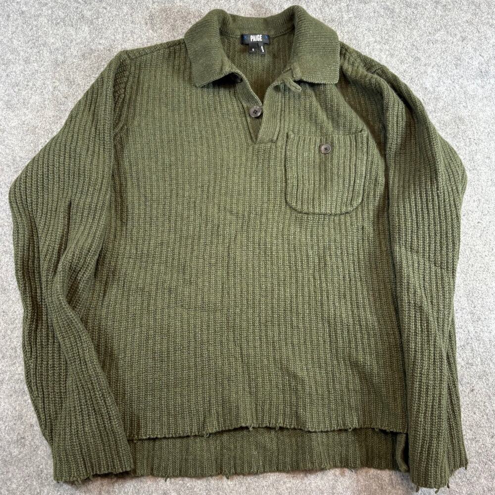 Paige Henley Sweater Mens Small Green Wool Hemp Ribbed Knit Jumper Distressed
